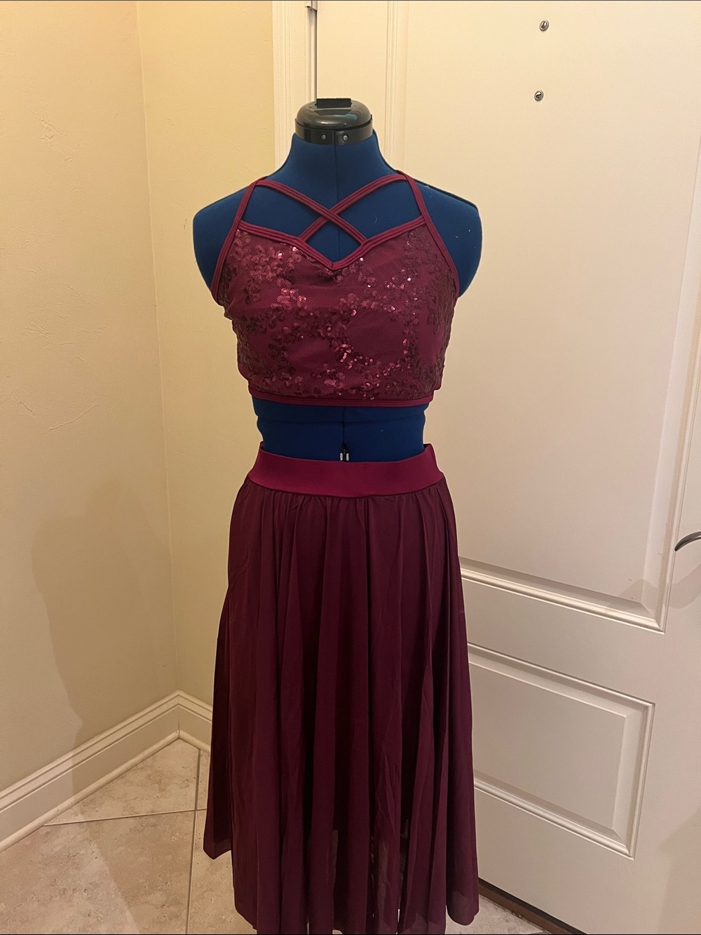 Women's Burgundy Two-Piece Sequin Dance Dress
